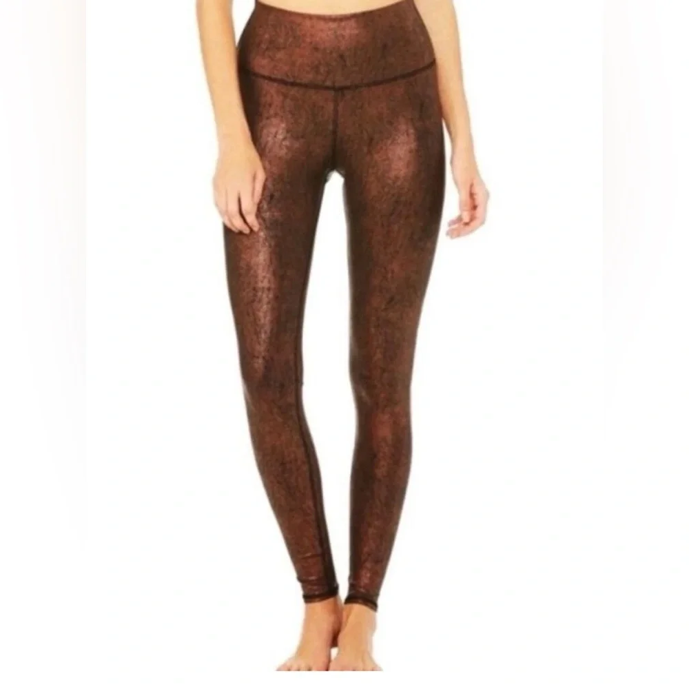 Alo Yoga High Waisted Copper Metallic Airbrush Finish Full Length Leggings (XS)